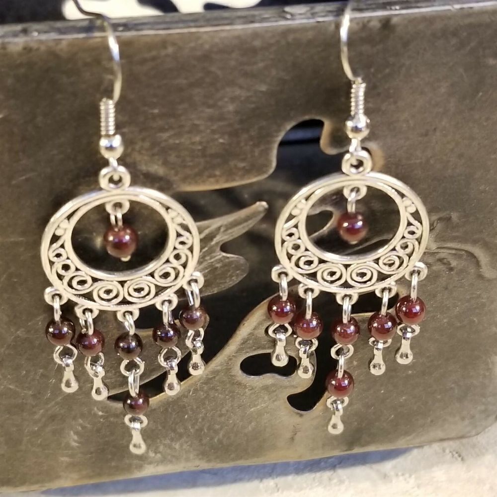Hand Crafted Natural Red Garnet Gemstone Antique Silver Chandelier Earrings